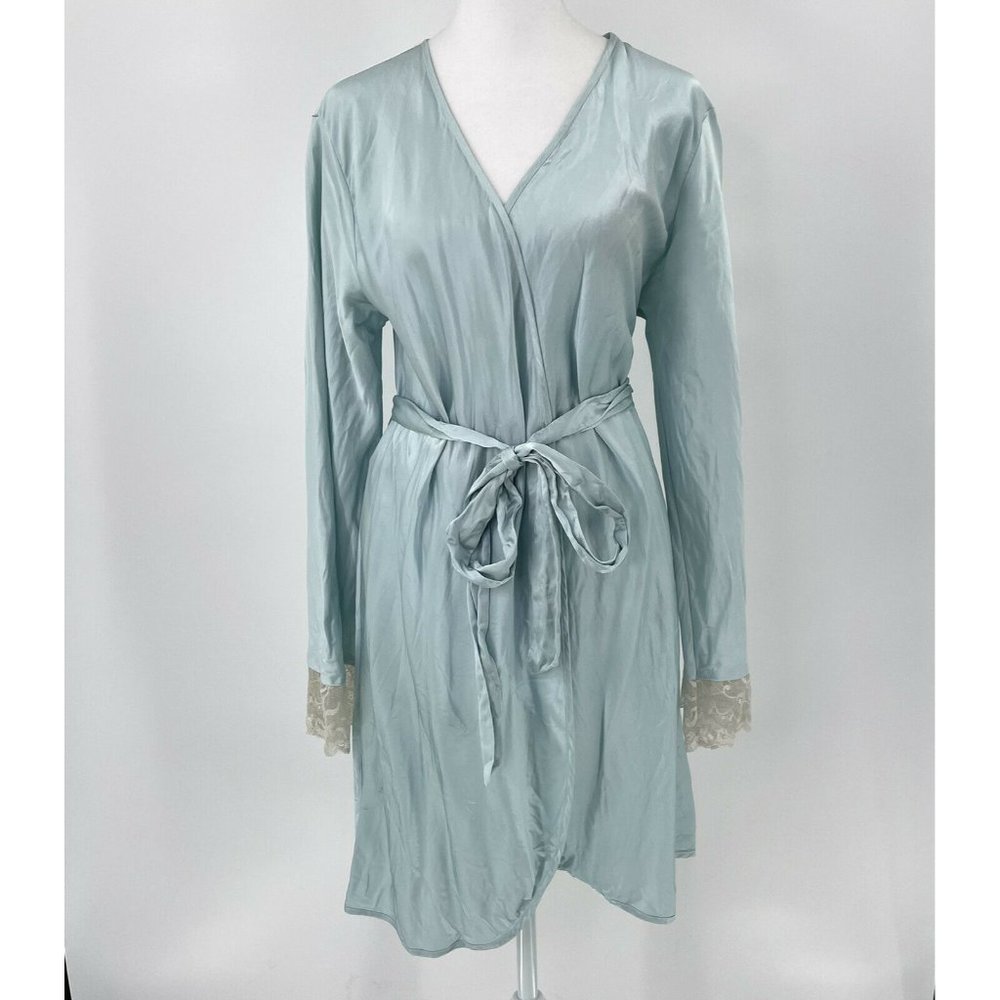 Julianna Rae Silk Satin Robe Lace Detail Wrap Tie sz Medium Robins Egg Blue